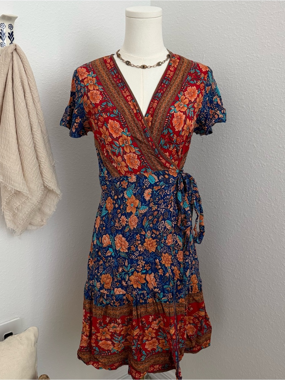 ZESICA Boho Floral Wrap Dress Blue Orange Short Sleeve Size Small